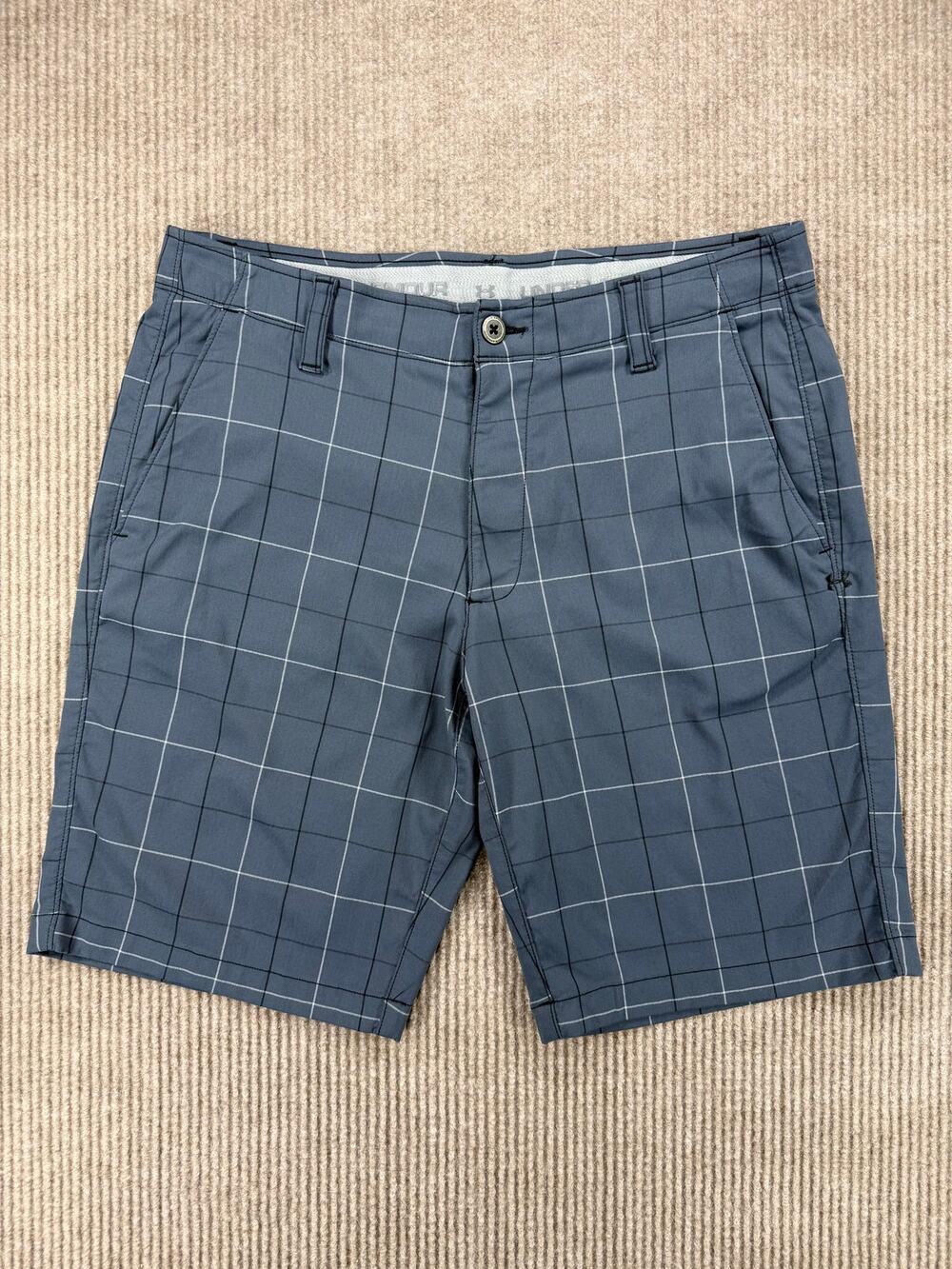 Under Armour HeatGear Mens Size 36 Gray Plaid Grid Performance Golf Shorts